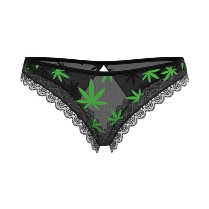 Black triangular bikini bottom with green cannabis leaf print and lace trim from magic silk crotchless panty with open back