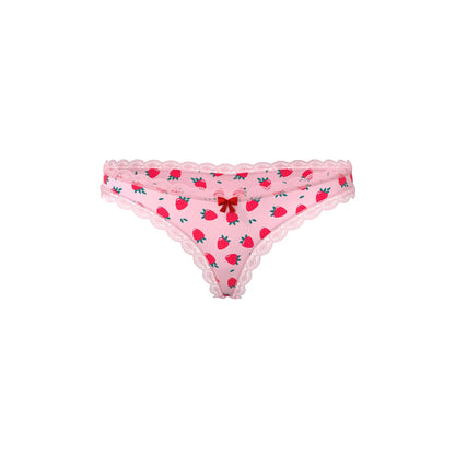 Pink strawberry-patterned magic silk crotchless thong with delicate lace trim and small red bow at center front