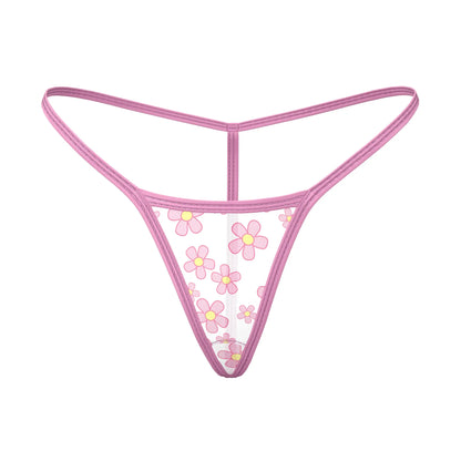 Pink floral magic silk daisy tanga thong with sheer mesh fabric and matching pink trim