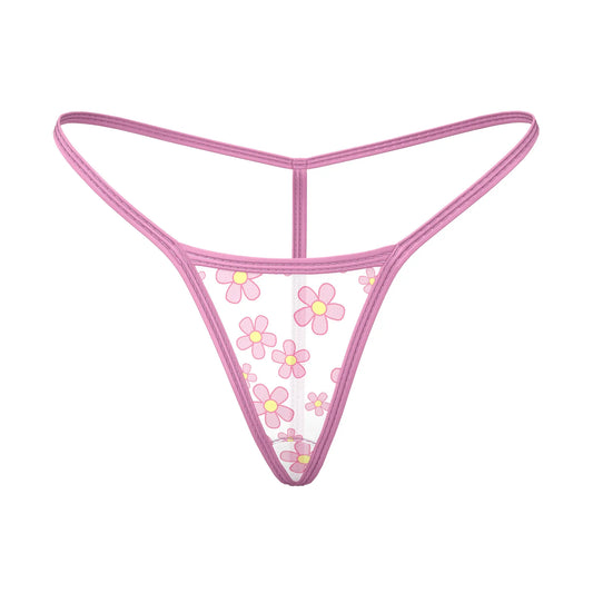 Pink floral magic silk daisy tanga thong with sheer mesh fabric and matching pink trim