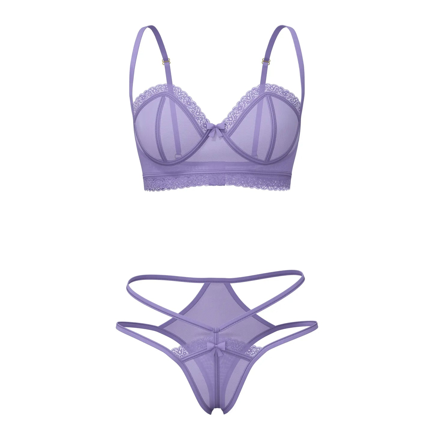 Lavender sheer lace Magic Silk demi bra with scalloped edges and matching high cut tanga thong with crisscross straps
