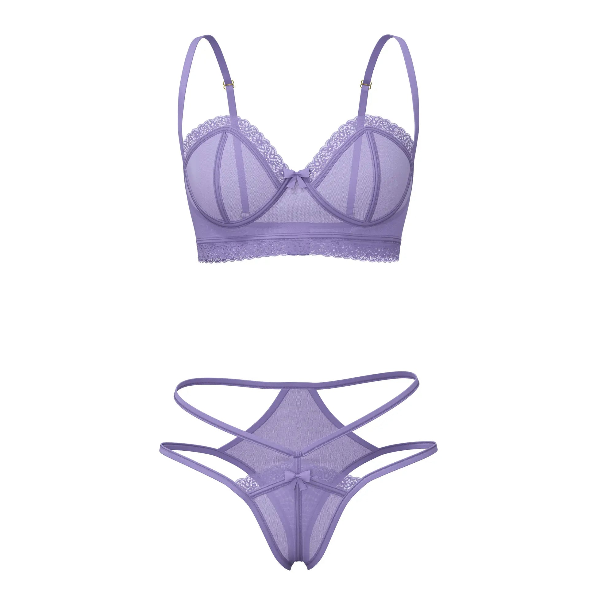 Lavender sheer lace Magic Silk demi bra with scalloped edges and matching high cut tanga thong with crisscross straps