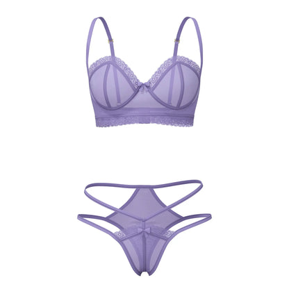 Lavender sheer lace Magic Silk demi bra with scalloped edges and matching high cut tanga thong with crisscross straps