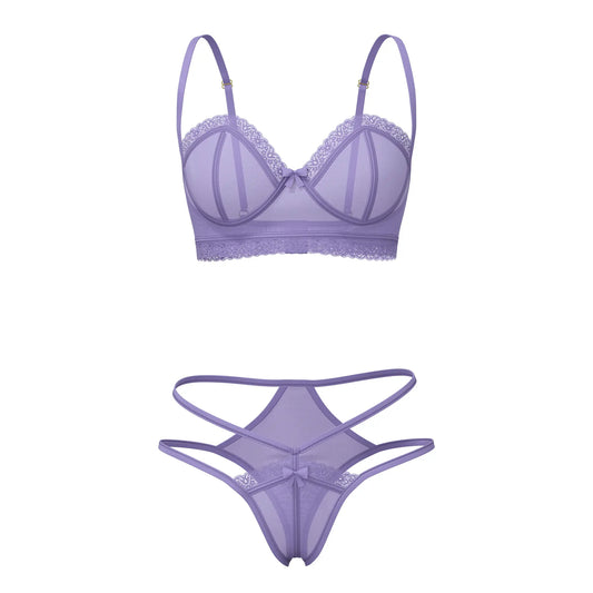 Lavender sheer lace Magic Silk demi bra with scalloped edges and matching high cut tanga thong with crisscross straps