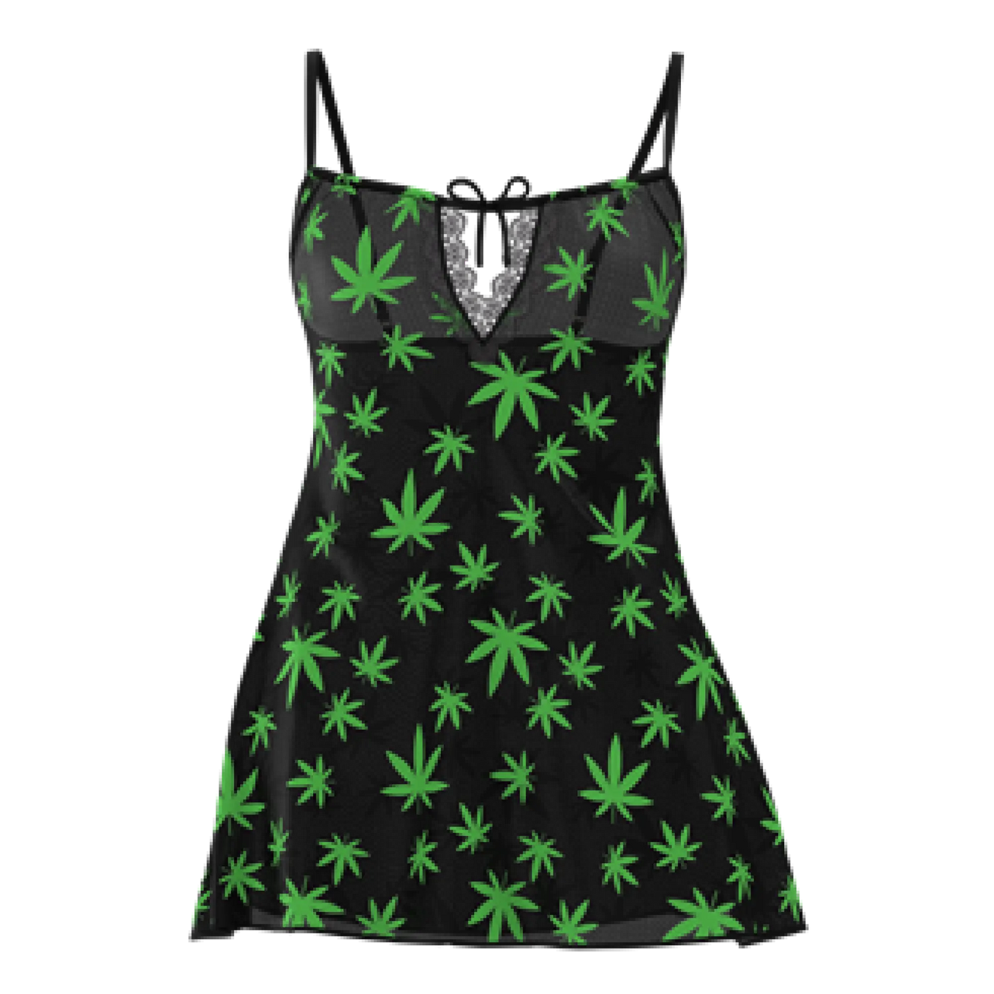 Black sleeveless magic silk dress with vibrant green marijuana leaf pattern and matching g-string set