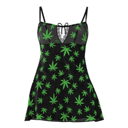 Black sleeveless magic silk dress with vibrant green marijuana leaf pattern and matching g-string set