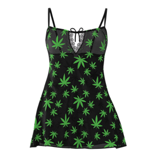 Black sleeveless magic silk dress with vibrant green marijuana leaf pattern and matching g-string set