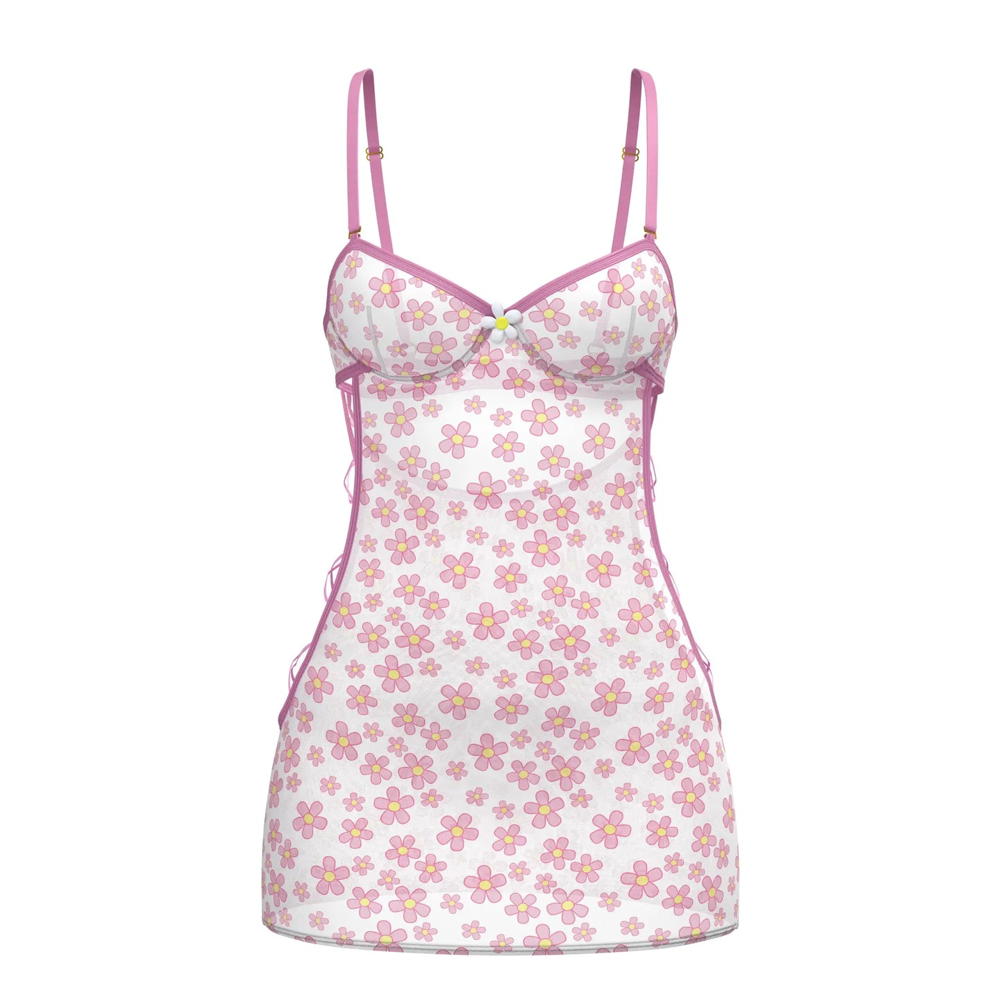 White floral magic silk dress with pink and yellow flowers, thin pink straps, and ruffled hem detail