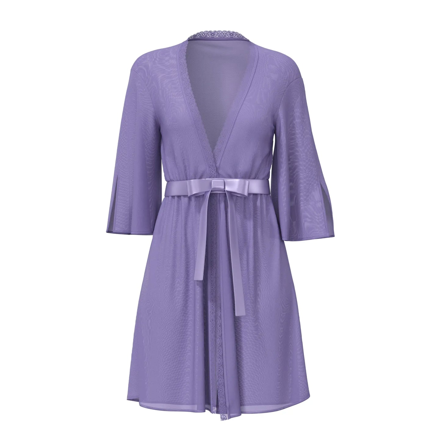 Magic Silk flutter sleeve robe in lavender semi sheer fabric with v neckline and three quarter length sleeves