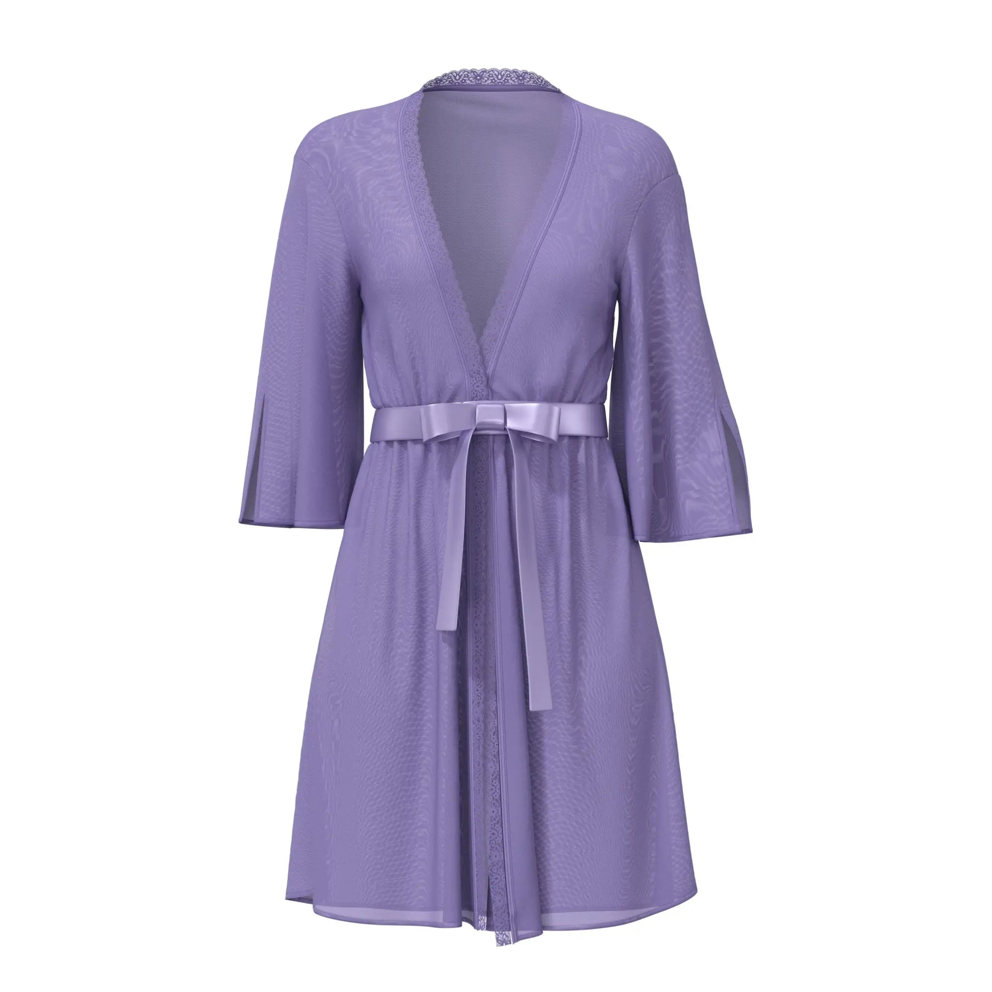 Magic Silk flutter sleeve robe in lavender semi sheer fabric with v neckline and three quarter length sleeves
