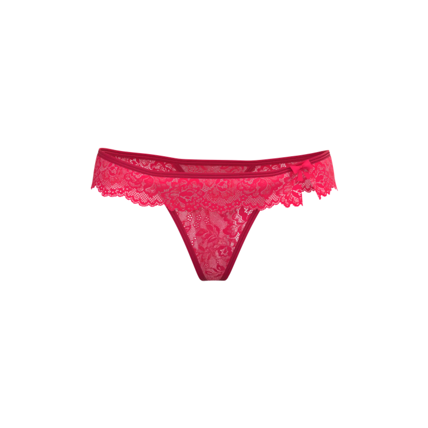 A vibrant fuchsia silk lace thong with delicate floral patterns and a small side bow magic silk flutter thong