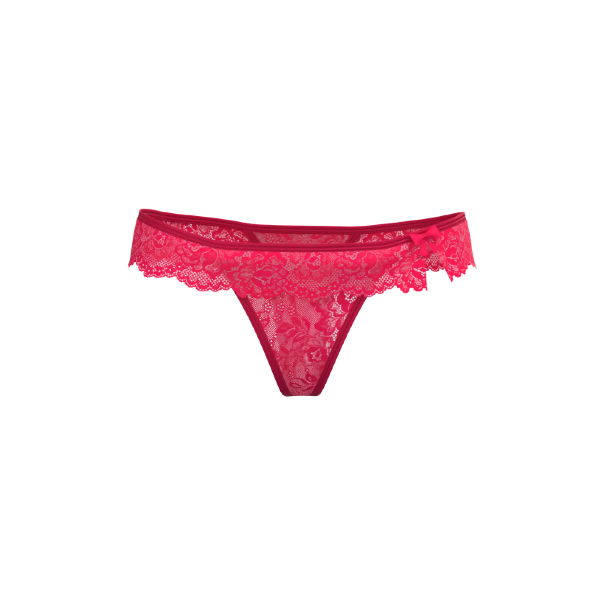 A vibrant fuchsia silk lace thong with delicate floral patterns and a small side bow magic silk flutter thong