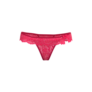 A vibrant fuchsia silk lace thong with delicate floral patterns and a small side bow magic silk flutter thong