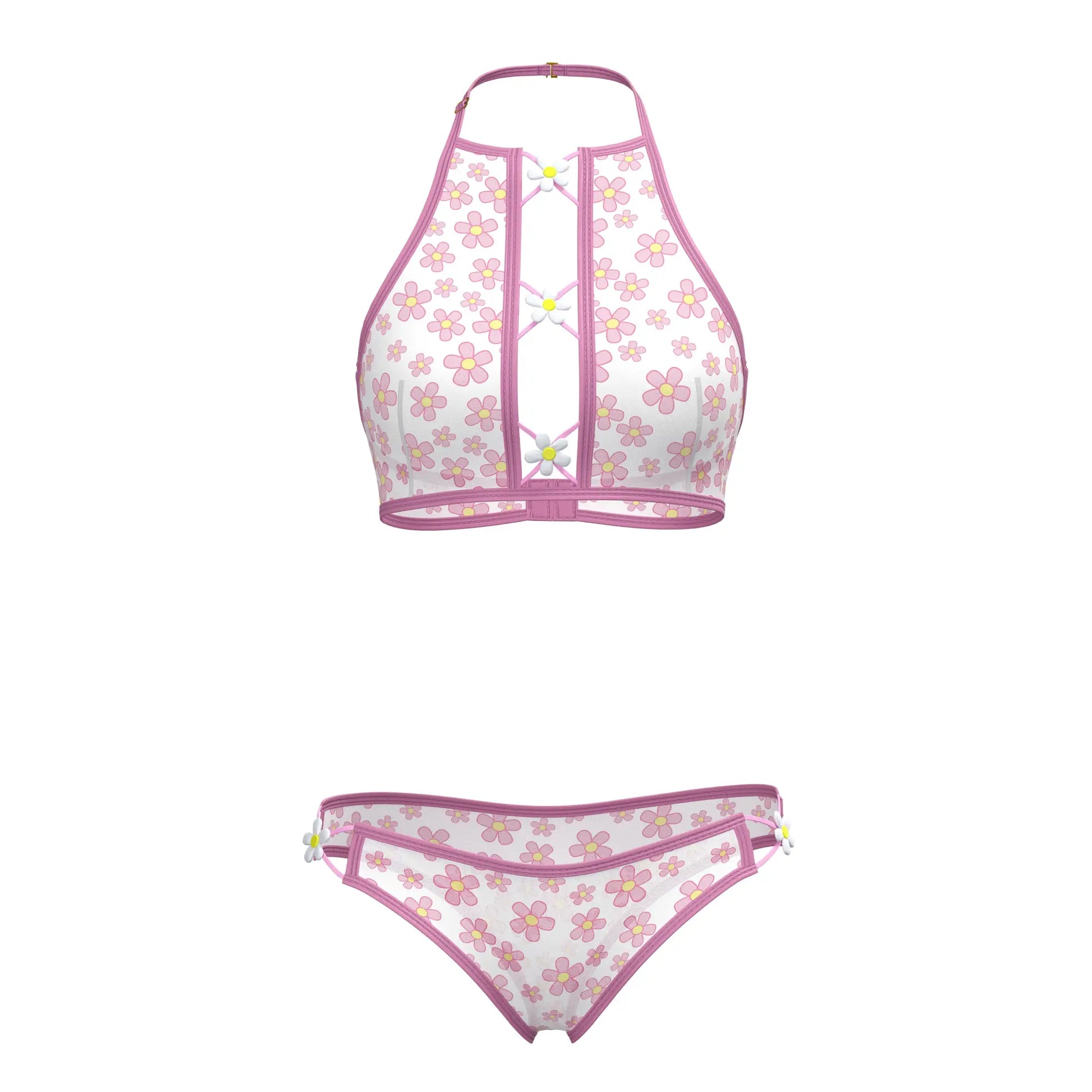 Pink and white floral magic silk halter bralette and panty set with matching bikini bottoms in silky fabric