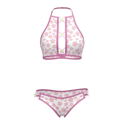 Pink and white floral magic silk halter bralette and panty set with matching bikini bottoms in silky fabric