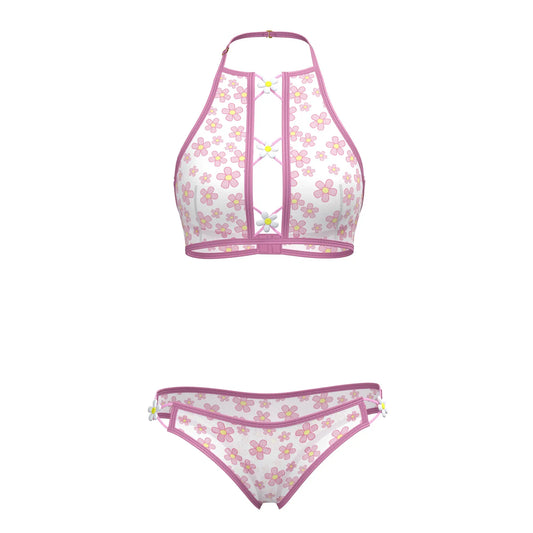 Pink and white floral magic silk halter bralette and panty set with matching bikini bottoms in silky fabric