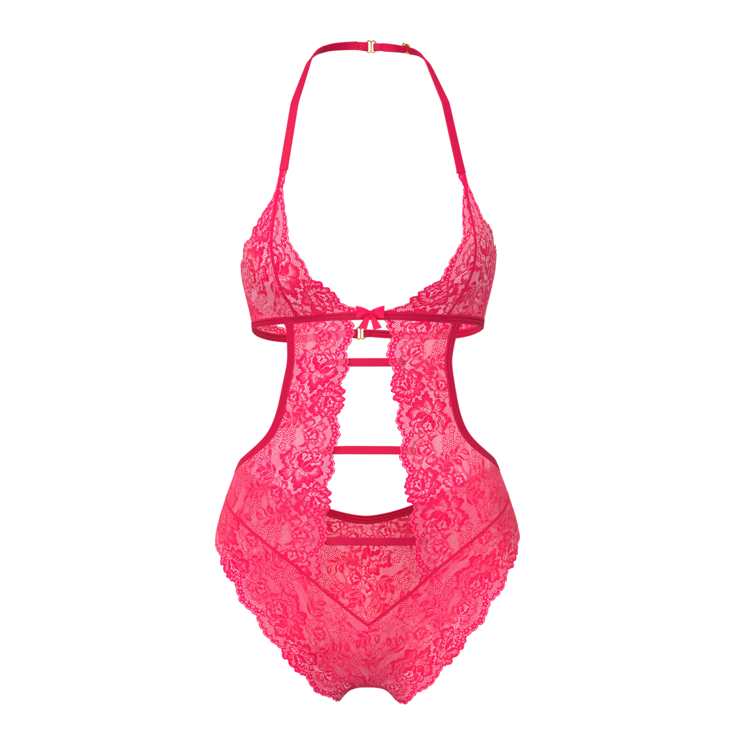 A vibrant fuchsia lace halter teddy with intricate floral patterns and a cut-out design magic silk halter teddy with snap crotch