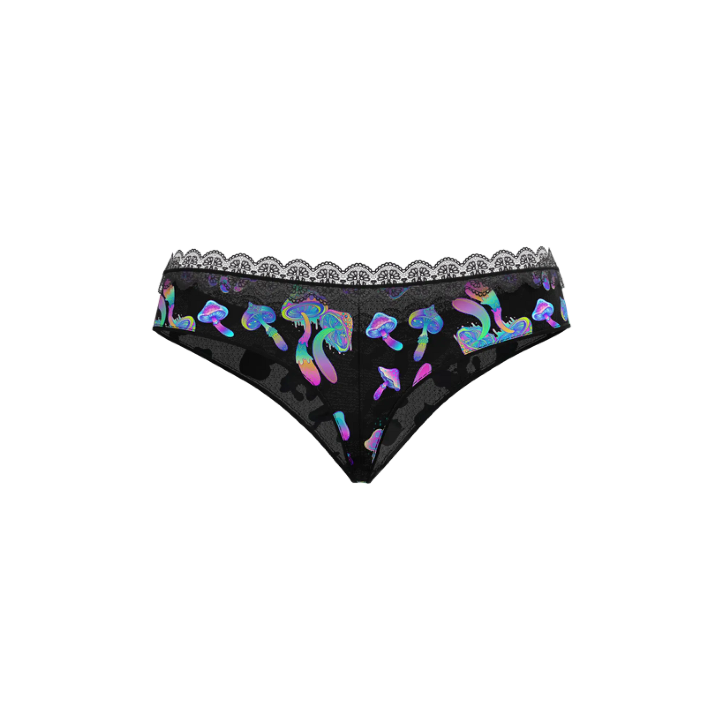 Magic Silk Hazy Dayz boy short black lace-trimmed bikini bottom with iridescent rainbow mushroom patterns