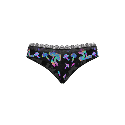 Magic Silk Hazy Dayz boy short black lace-trimmed bikini bottom with iridescent rainbow mushroom patterns