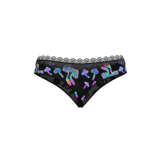 Magic Silk Hazy Dayz boy short black lace-trimmed bikini bottom with iridescent rainbow mushroom patterns