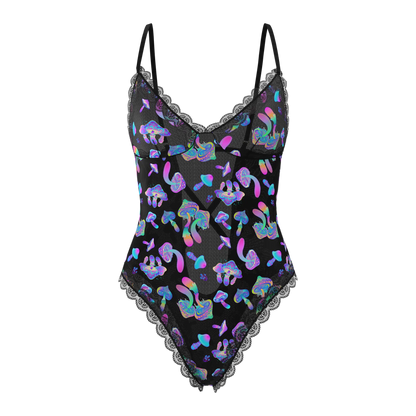 Black one-piece swimsuit with iridescent mushroom pattern and lace trim from magic silk hazy dayz teddy collection