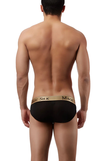 Black magic silk knit low rise bikini underwear with gold waistband featuring brand name in black lettering size M