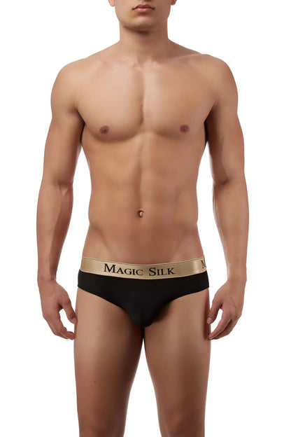 Black magic silk knit low rise bikini briefs with gold waistband and black brand name lettering size m