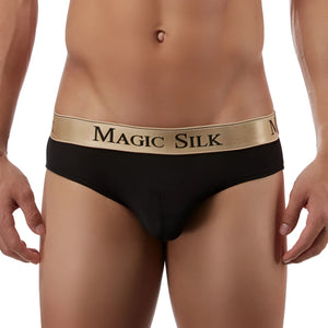 Black magic silk men’s briefs with gold waistband featuring black brand name knit in silk in size m