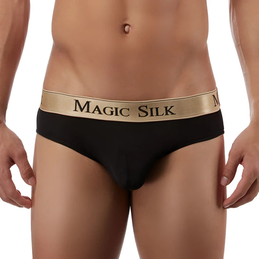 Black magic silk men’s briefs with gold waistband featuring black brand name knit in silk in size m
