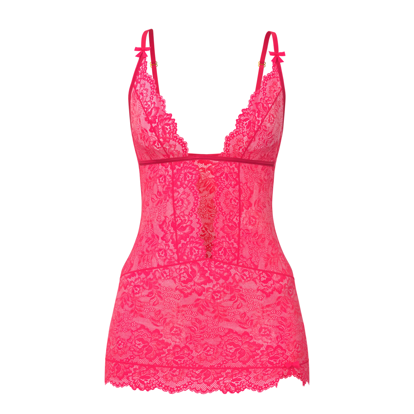 A vibrant pink lace magic silk plunge chemise and g-set with delicate floral patterns and thin shoulder straps