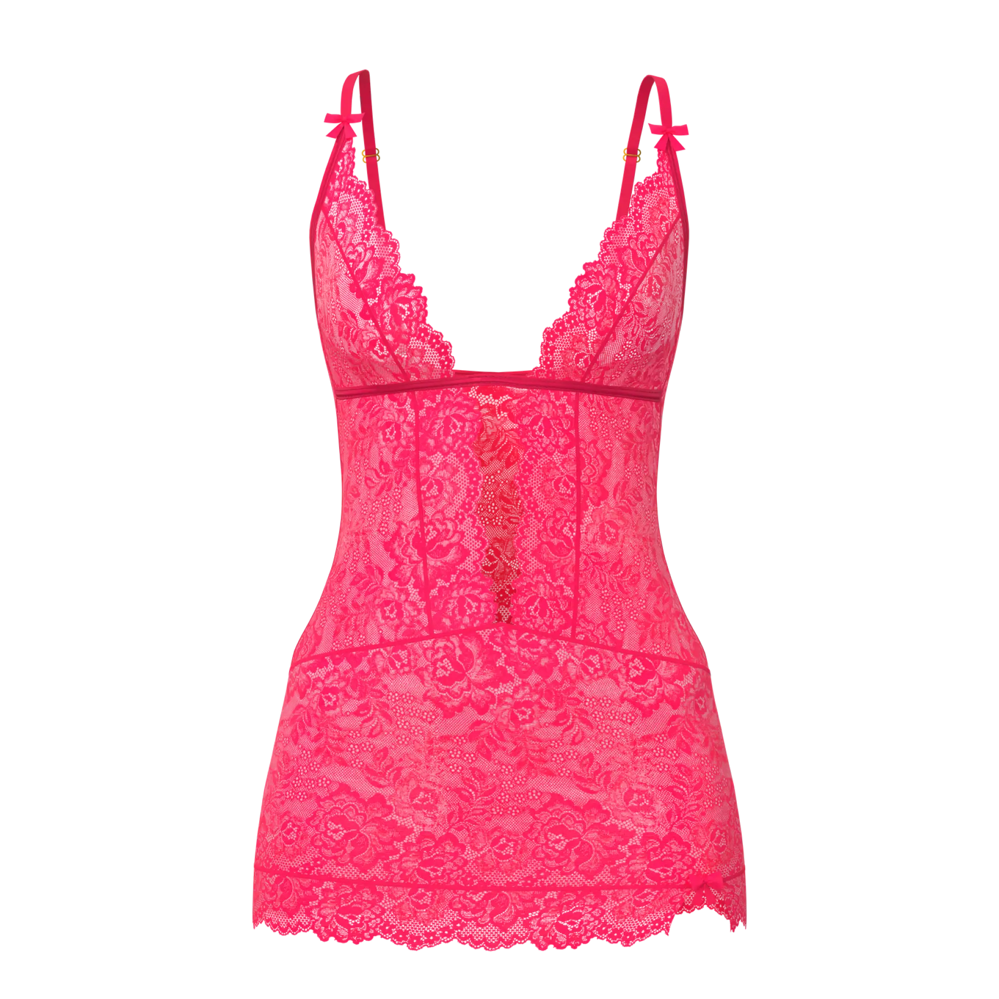 A vibrant pink lace magic silk plunge chemise and g-set with delicate floral patterns and thin shoulder straps