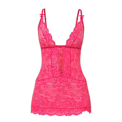 A vibrant pink lace magic silk plunge chemise and g-set with delicate floral patterns and thin shoulder straps