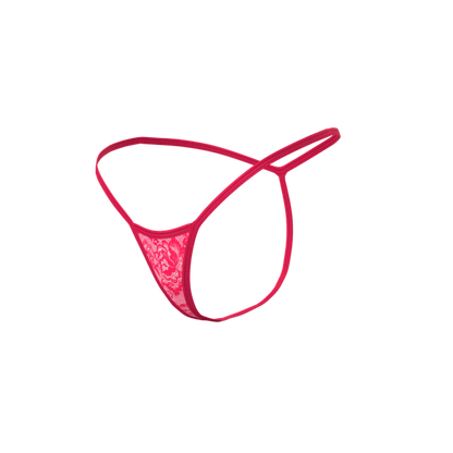 A vibrant pink magic silk plunge chemise and g-set thong with delicate lace and thin elastic straps in a minimalist design
