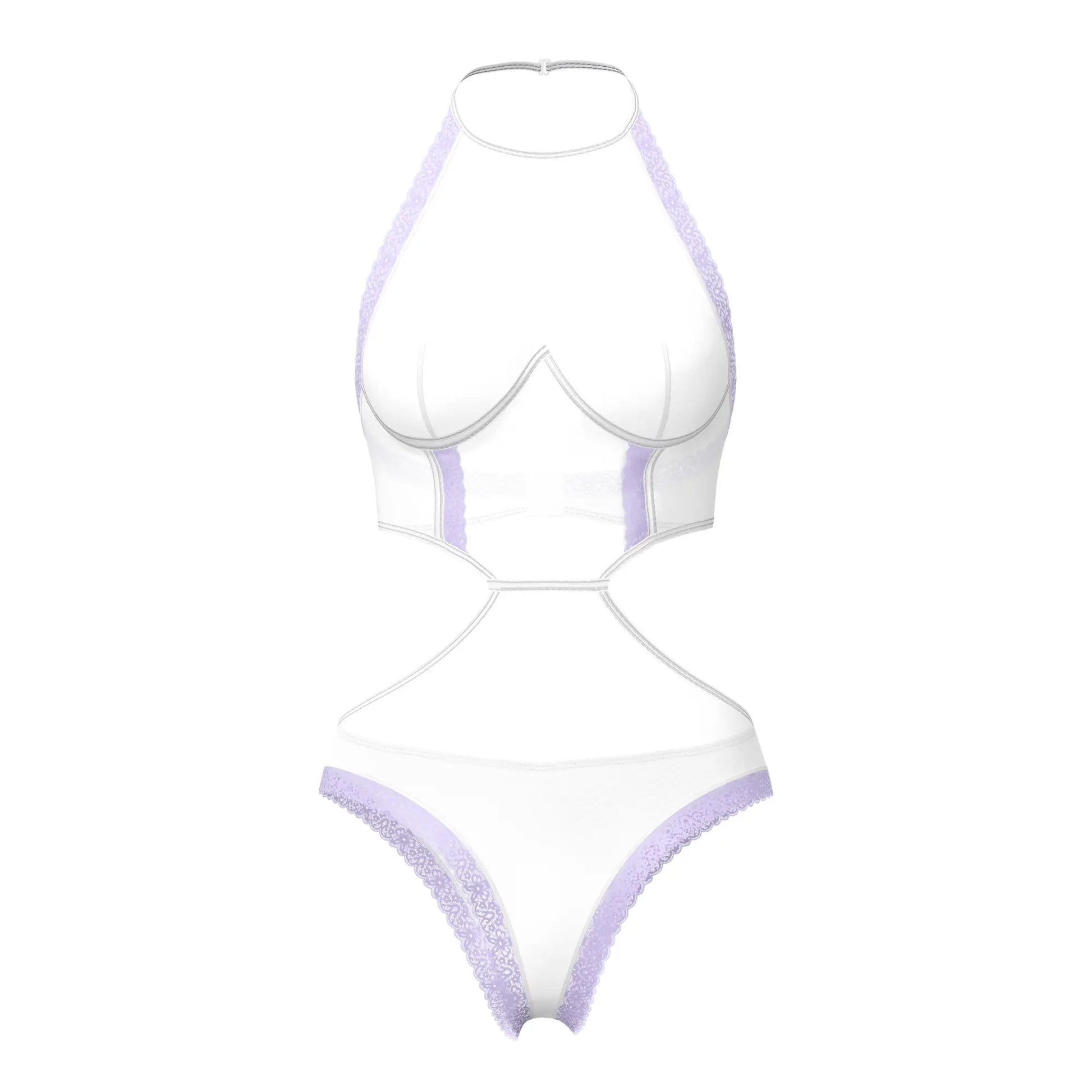 White halter neck bodysuit with lavender lace trim and cut out details from magic silk sheer passion teddy