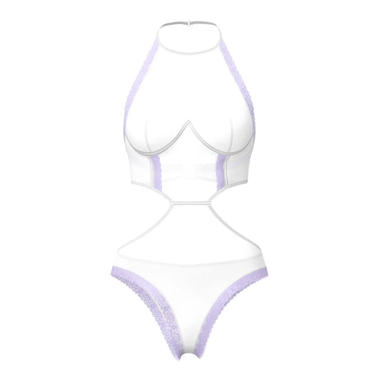 White halter neck bodysuit with lavender lace trim and cut out details from magic silk sheer passion teddy