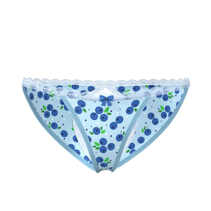 Light blue magic silk split back and crotchless panty with blueberry pattern green leaves white lace trim and bow