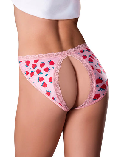 Pink strawberry-patterned lace-trimmed backless silk split back and crotchless bikini briefs with lube shown from back