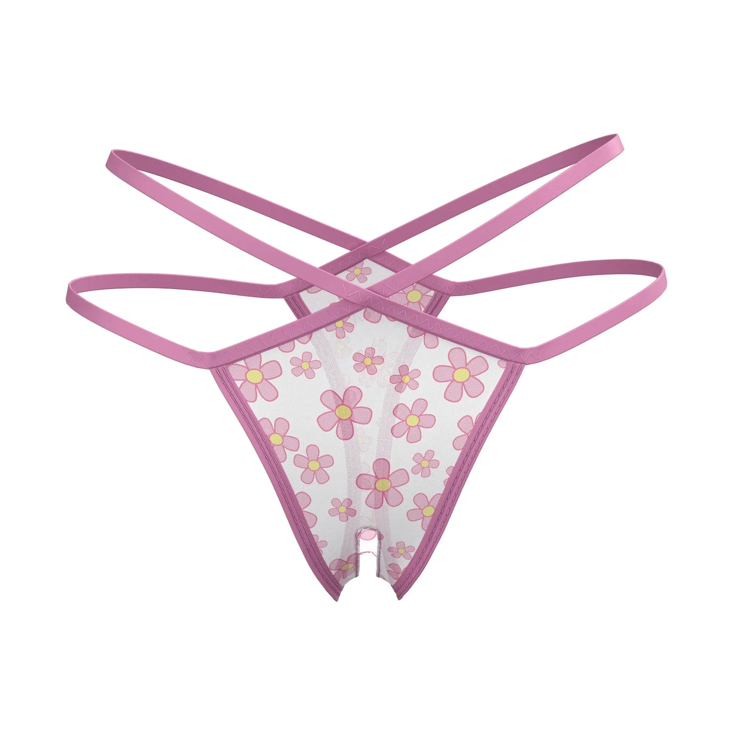 Magic Silk split crotch thong in pink with floral mesh fabric and matching elastic straps shown from the front