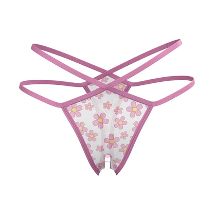 Magic Silk split crotch thong in pink with floral mesh fabric and matching elastic straps shown from the front