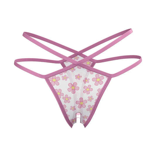 Magic Silk split crotch thong in pink with floral mesh fabric and matching elastic straps shown from the front