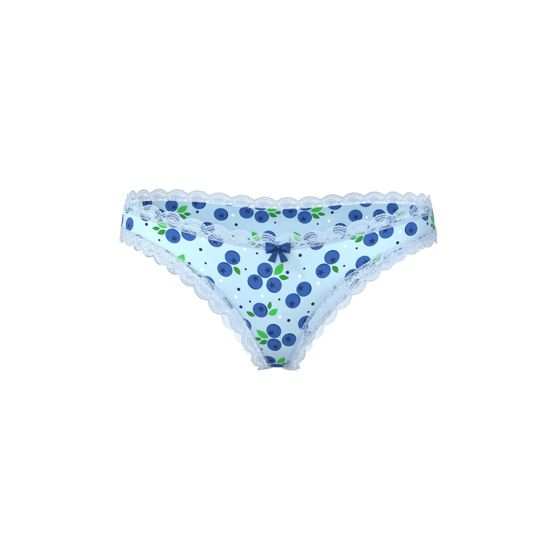 Magic Silk Sweet Treats boy short in light blue with blueberry and leaf pattern, white lace trim, and navy bow accent