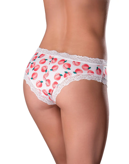 White peach-patterned boy short underwear with delicate lace trim from magic silk sweet treats with lube