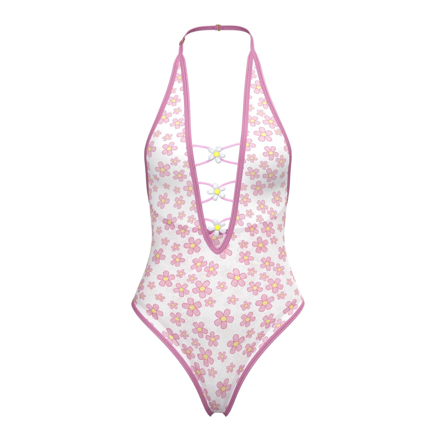 Magic silk teddy snap crotch white one-piece swimsuit with pink floral pattern halter neckline and lace-up front details