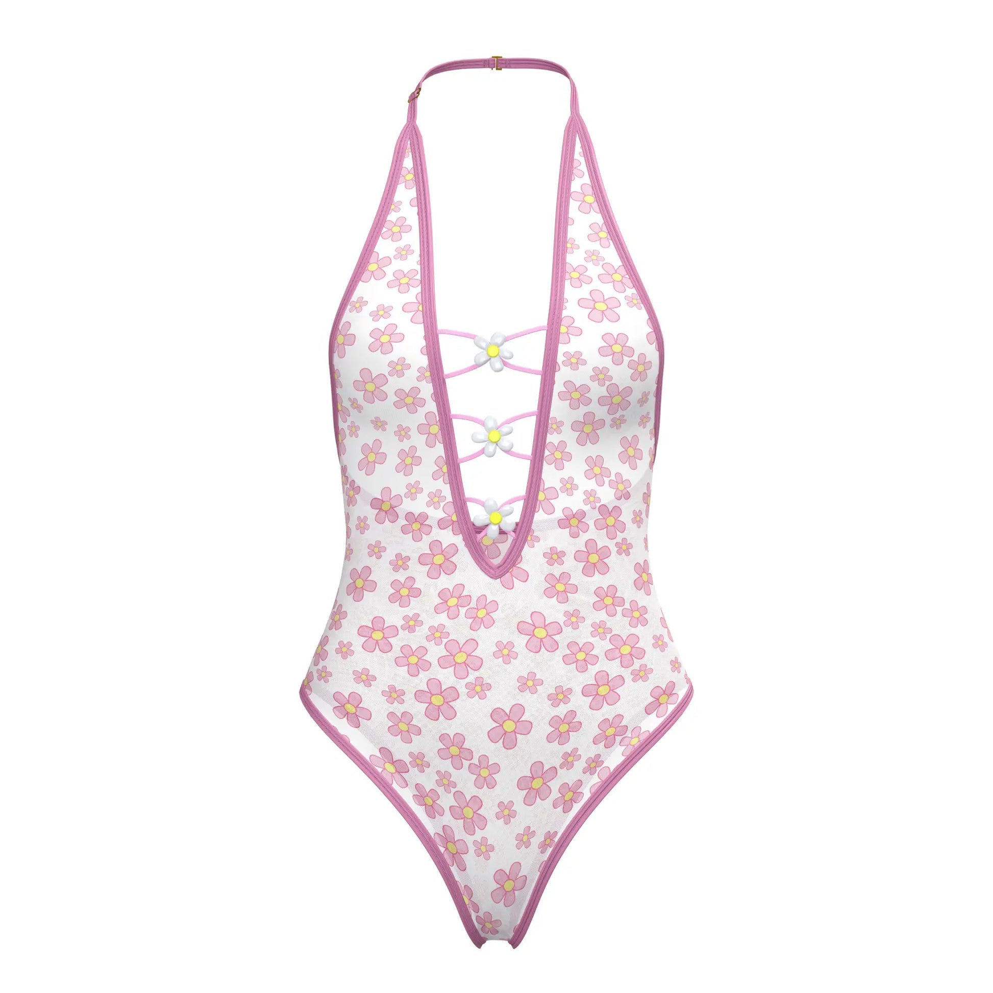 Magic silk teddy snap crotch white one-piece swimsuit with pink floral pattern halter neckline and lace-up front details