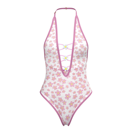Magic silk teddy snap crotch white one-piece swimsuit with pink floral pattern halter neckline and lace-up front details