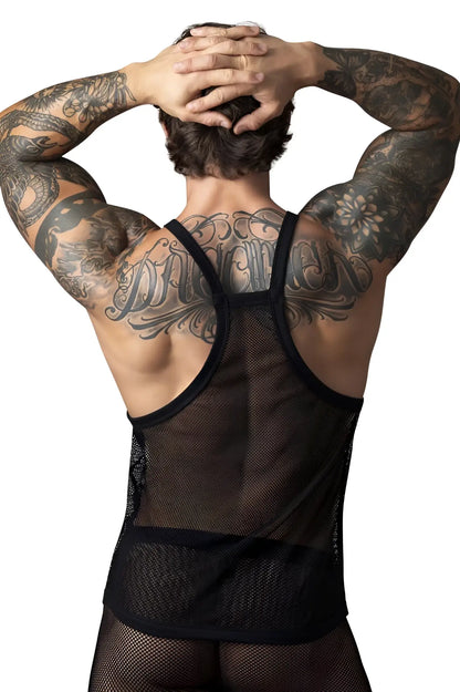 Black male power 110-11c fishnet tank top with intricate back design and thin straps shown from the back side