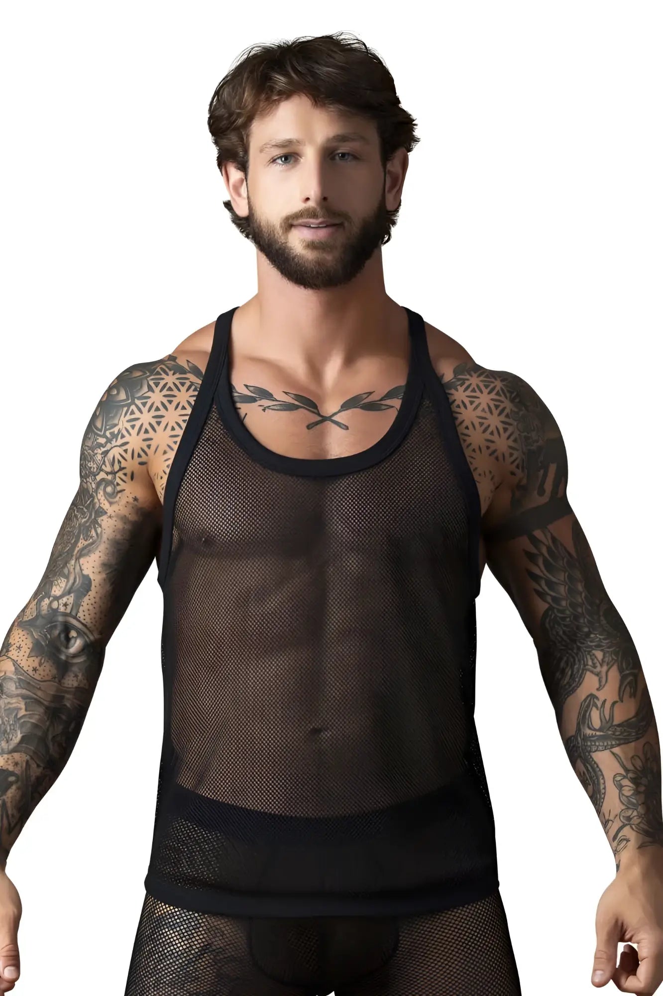 Male power 110-11c fishnet black tank top with reinforced shoulder straps and solid black trim at the waist