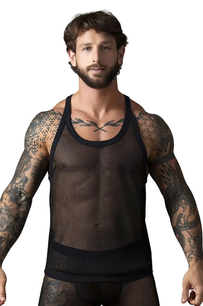 Male power 110-11c fishnet black tank top with reinforced shoulder straps and solid black trim at the waist