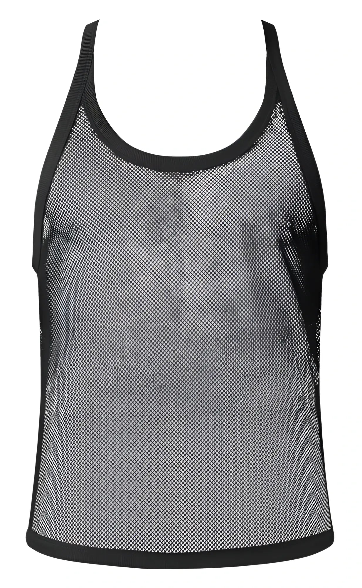 Black male power 110-11c fishnet tank top with solid black trim along neckline armholes and hem