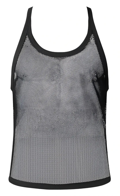 Black male power 110-11c fishnet tank top with solid black trim along neckline armholes and hem